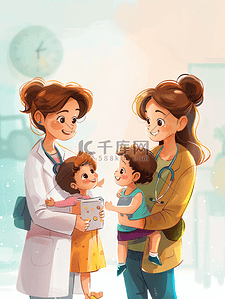 卫生工具插画图片_年轻妈妈带着孩子看医生