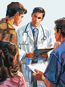 服务检查插画图片_彩色图片青年男人检查女医生和患者家庭