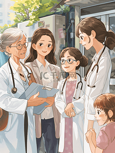 多层关系插画图片_白昼老年人女儿女医生和患者家庭