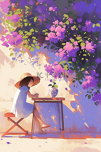 反射对称插画图片_唯美紫色蔷薇女孩手绘海报夏季插画图片