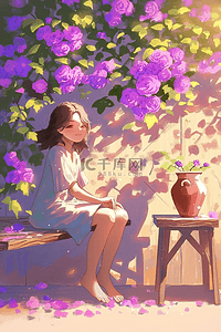 玫瑰花女孩插画图片_夏季唯美紫色蔷薇女孩手绘海报插画图片