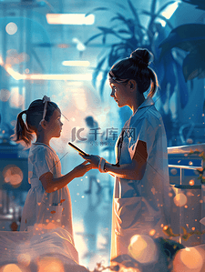 led平板灯灯插画图片_护士陪伴住院的小女孩看平板电脑