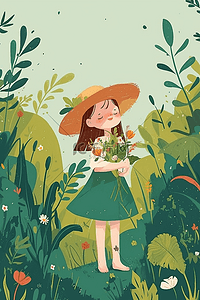 夏季女孩鲜花绿植海报插画