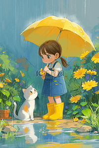 高清黄色插画图片_雨天女孩小猫夏季植物手绘插画