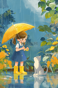 天空灰色插画图片_夏季植物雨天女孩小猫手绘插画