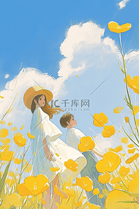 手绘夏季女孩花海唯美插画