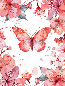 杂志模板插画图片_水彩蝴蝶与花粉红色图案框架