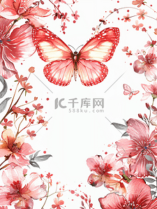 红色金色珠花插画图片_水彩蝴蝶与花粉红色图案框架
