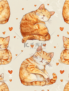 儿童动物可爱插画图片_可爱的姜猫爱上幼稚的铅笔画无缝图案