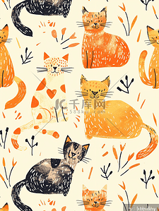 抽象素描图案插画图片_可爱的姜猫爱上幼稚的铅笔画无缝图案