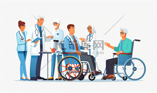 年轻男性插画图片_医生照顾轮椅病人