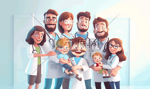 滚屏广告插画图片_医生与母亲父亲和女儿的幸福家庭在医院医疗保