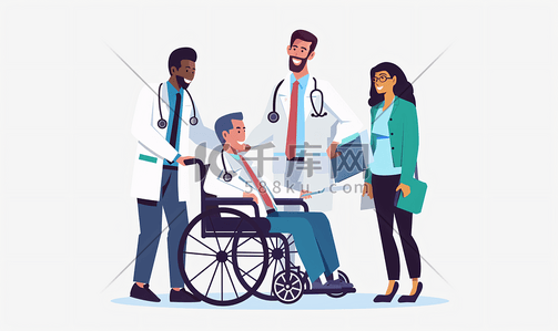 快乐的年轻插画图片_医生照顾轮椅病人