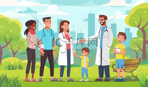财务咨询插画图片_快乐健康的家庭和医生在公园握手交谈