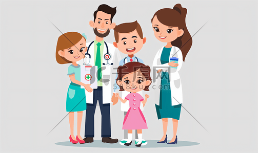 高级月嫂插画图片_医生与母亲父亲和女儿的幸福家庭在医院医疗保