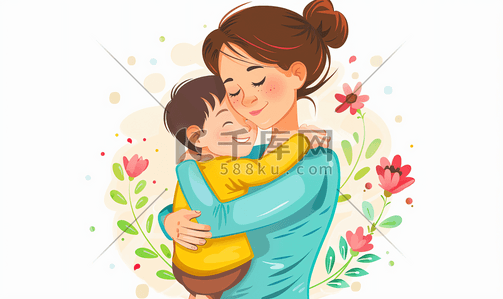 儿子的儿子插画图片_母亲怀着儿子用卡通矢量插图