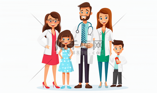 孩子幸福插画图片_医生与母亲父亲和女儿的幸福家庭在医院医疗保