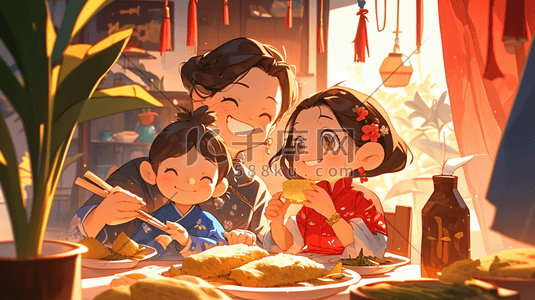 绘画一家人开心聊天吃饭的插画