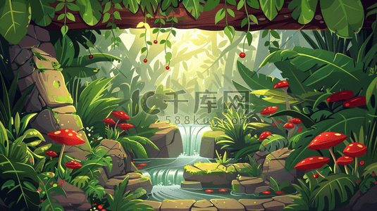 叶子热带雨林插画图片_夏季丛林中的小溪流插画