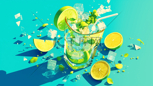 柠檬清爽插画图片_蓝色清爽绘画清凉柠檬饮料的插画