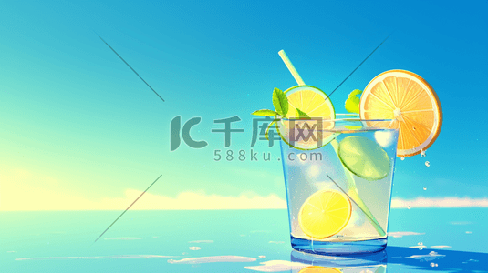清爽柠檬插画图片_蓝色清爽绘画清凉柠檬饮料的插画