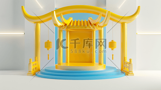 c4d饼干模型插画图片_C4D蓝黄色中式古建筑牌楼插画