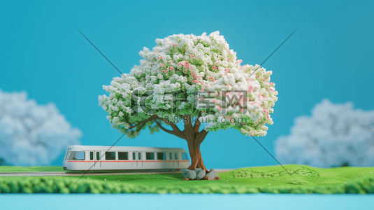 清新唯美2.5D树木火车行驶的插画