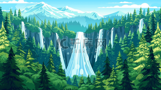 山水清泉风景插画图片_夏季茂密的森林里的瀑布插画
