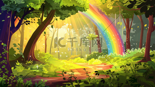 在地上找东西插画图片_夏天森林草地上的七色彩虹插画