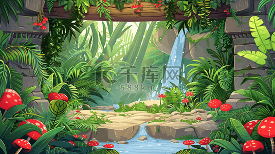 icon木头插画图片_夏季丛林中的小溪流插画