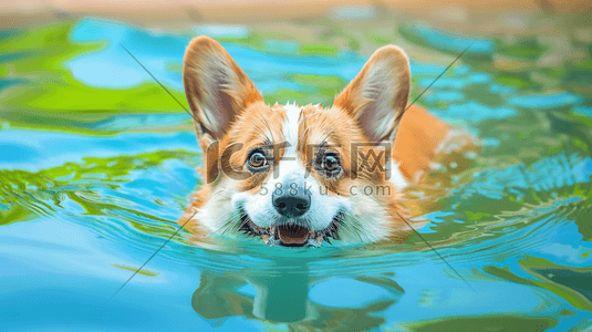 水里的水产插画图片_水里游泳的柯基犬插画