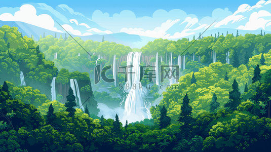 野外小溪插画图片_夏季茂密的森林里的瀑布插画