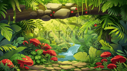 夏季丛林中的小溪流插画
