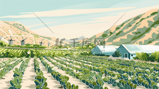 农业风车插画图片_山区里的房屋和种植蔬菜的梯田插画