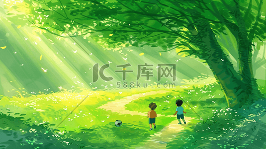 看董足球插画图片_夏日森林草地上踢足球的两个小男孩插画