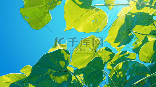 蓝天阳光下清新树叶树枝的插画