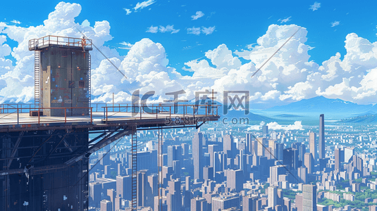 平台上的礼盒插画图片_繁华的城市的高楼大平台插画