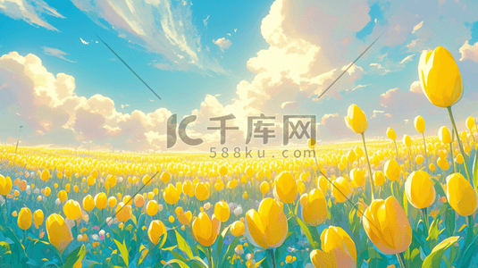 阳光下花朵花丛花束景色的背景插画