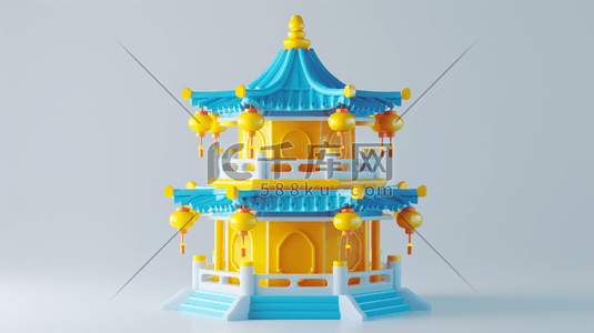 c4d背景黑金插画图片_C4D蓝黄色中式古建筑牌楼插画