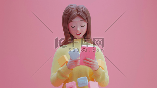 信息互联插画图片_C4D手机回复信息的少女插画