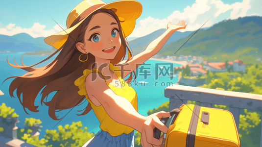 绘画女孩景区旅行自拍的插画