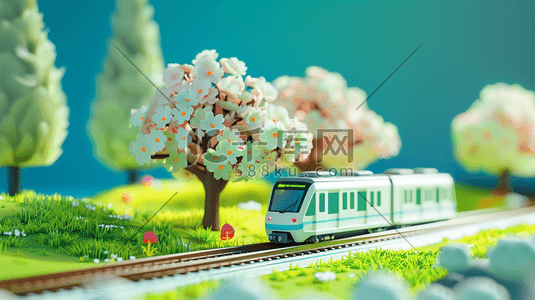 清新立体插画图片_清新唯美2.5D树木火车行驶的插画