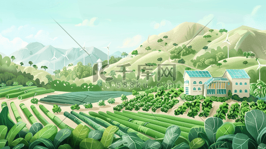 农业风车插画图片_山区里的房屋和种植蔬菜的梯田插画