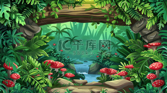 叶子热带雨林插画图片_夏季丛林中的小溪流插画