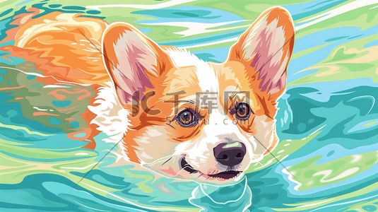 水里游泳的柯基犬插画