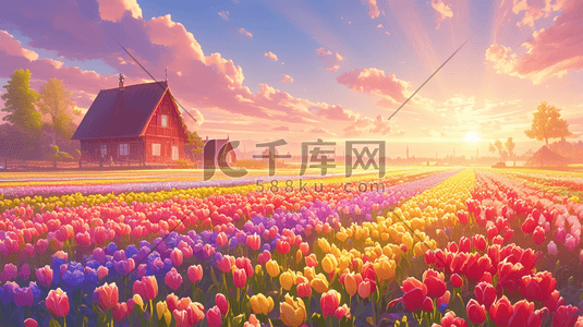 阳光下花朵花丛花束景色的背景插画海报