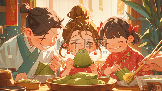 绘画一家人开心聊天吃饭的插画