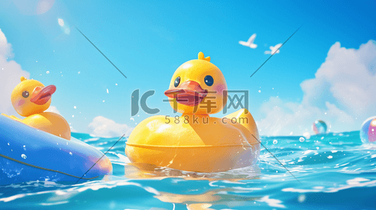 小黄鸡手绘插画图片_绘画景区湖面上小黄鸭的插画
