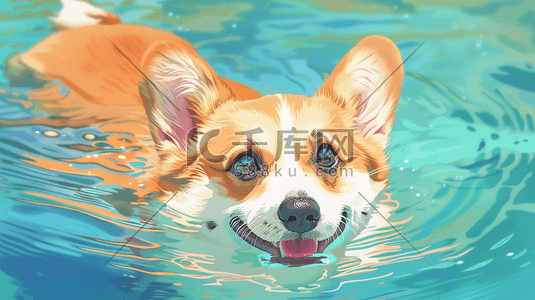 动物喝水的卡通插画图片_水里游泳的柯基犬插画