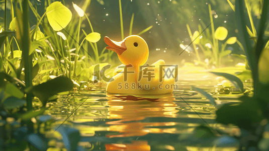 绘画景区湖面上小黄鸭的插画
